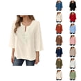 thumbnail image 1 of 3/4 Length Sleeve Womens Tops Spring Summer Casual Cotton Linen Lightweight Loose V Neck Boho T Shirts Blouse, 1 of 5