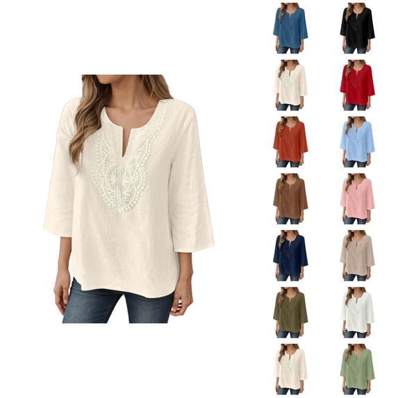 3/4 Length Sleeve Womens Tops Spring Summer Casual Cotton Linen Lightweight Loose V Neck Boho T Shirts Blouse