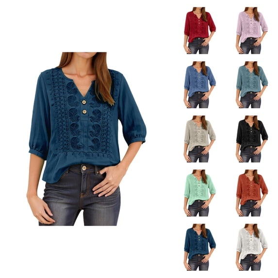3/4 Length Sleeve Womens Tops Spring Summer Casual Cotton Linen Lightweight V Neck Embroidered T Shirts Blouse
