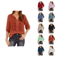 thumbnail image 1 of 3/4 Length Sleeve Womens Tops Spring Summer Casual Cotton Linen Lightweight V Neck Embroidered T Shirts Blouse, 1 of 7