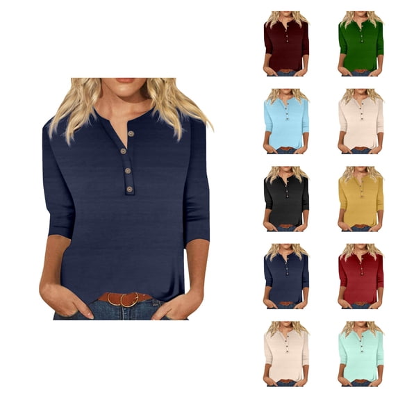 3/4 Length Sleeve Womens Tops Spring Summer Casual Relaxed Fit V Neck Basic Plain T Shirts Blouse Work Shirt