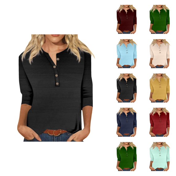 3/4 Length Sleeve Womens Tops Spring Summer Casual Relaxed Fit V Neck Basic Plain T Shirts Blouse Work Shirt