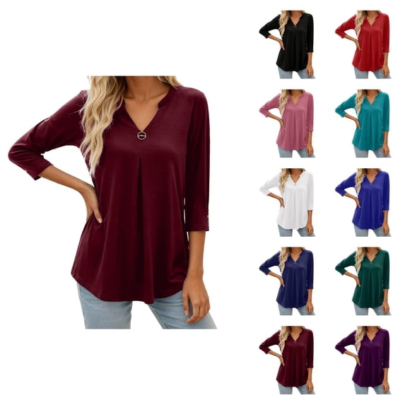3/4 Length Sleeve Womens Tops Spring Summer Casual Relaxed Fit V Neck Plain T Shirt Blouse Dressy Casual Work Shirt