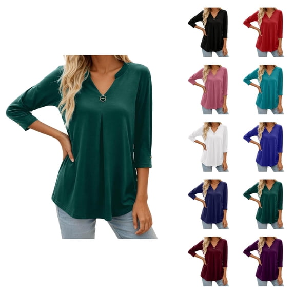 3/4 Length Sleeve Womens Tops Spring Summer Casual Relaxed Fit V Neck Plain T Shirt Blouse Dressy Casual Work Shirt