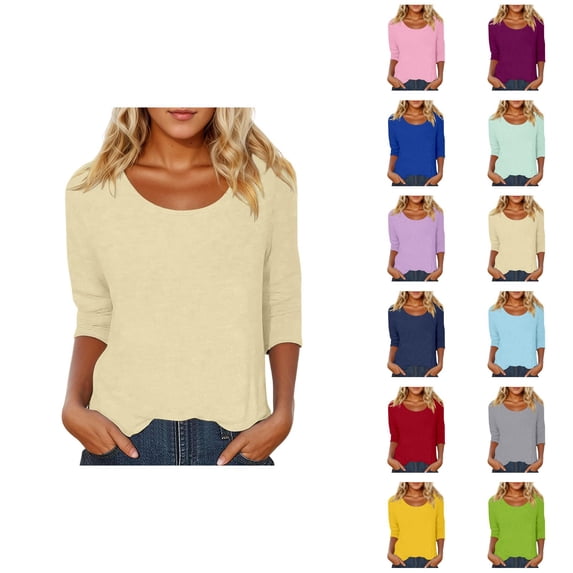 3/4 Length Sleeve Womens Tops Spring Summer Casual Scoop Neck Basic Plain T Shirts Blouse