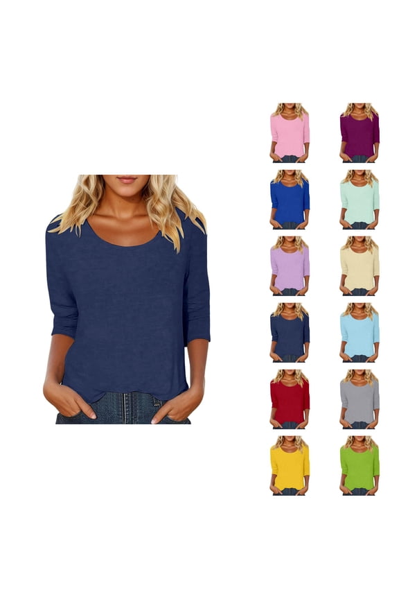 3/4 Length Sleeve Womens Tops Spring Summer Casual Scoop Neck Basic Plain T Shirts Blouse