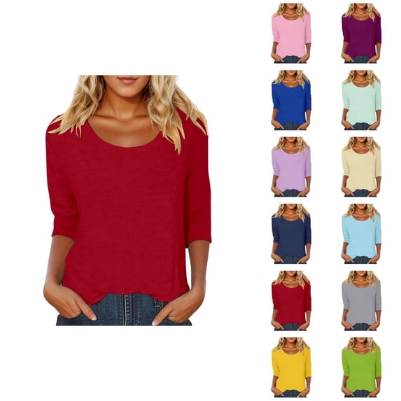 3/4 Length Sleeve Womens Tops Spring Summer Casual Scoop Neck Basic Plain T Shirts Blouse