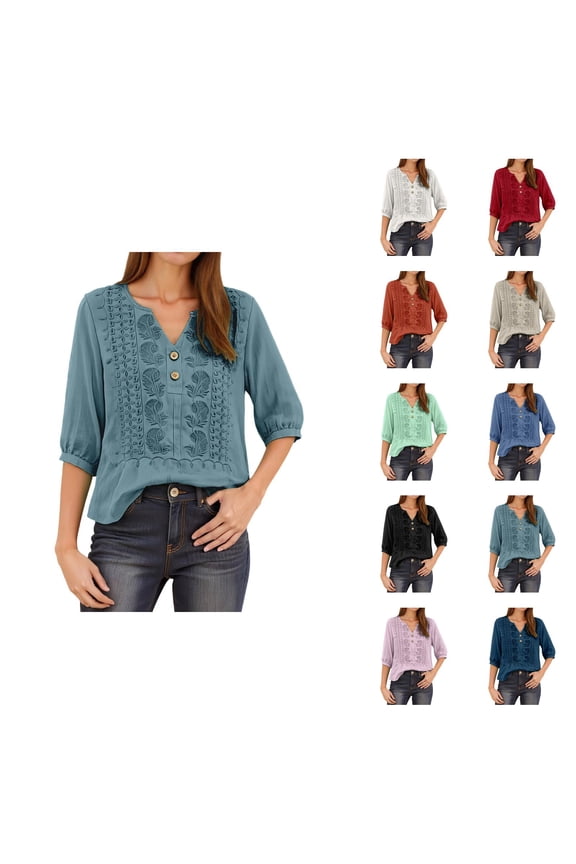 3/4 Length Sleeve Womens Tops Spring Summer Dressy Casual V Neck Linen Shirts Boho Embroidered Blouse
