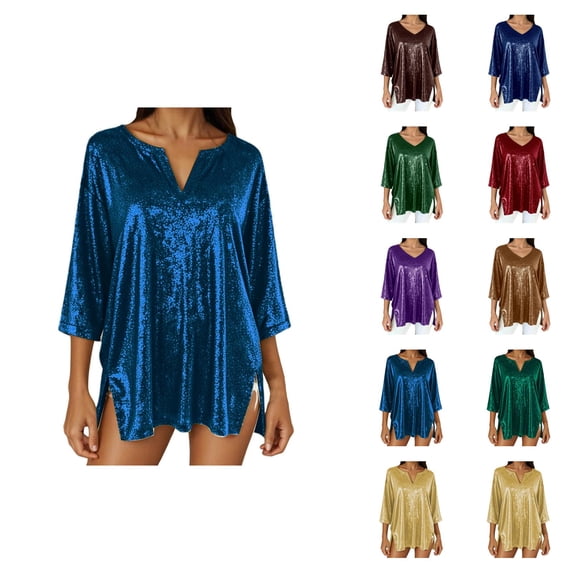 3/4 Length Sleeve Womens Tops Spring Summer Glitter Sequin V Neck Relaxed Fit Sparkle T Shirts Rave Tops Clubwear