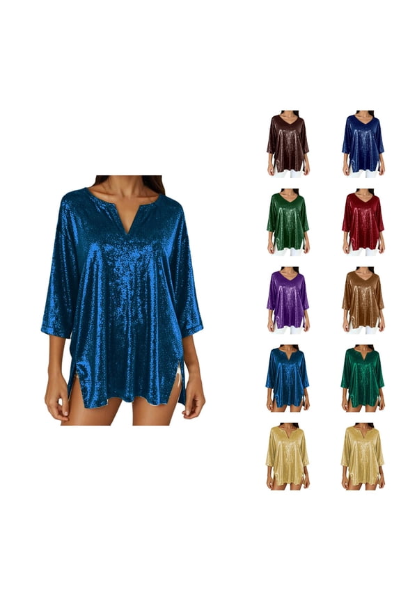 3/4 Length Sleeve Womens Tops Spring Summer Glitter Sequin V Neck Relaxed Fit Sparkle T Shirts Rave Tops Clubwear