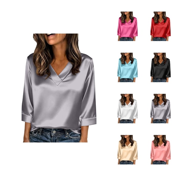 3/4 Length Sleeve Womens Tops Spring Summer Relaxed Fit Satin V Neck Plain T Shirts Dressy Casual Work Shirt Blouse