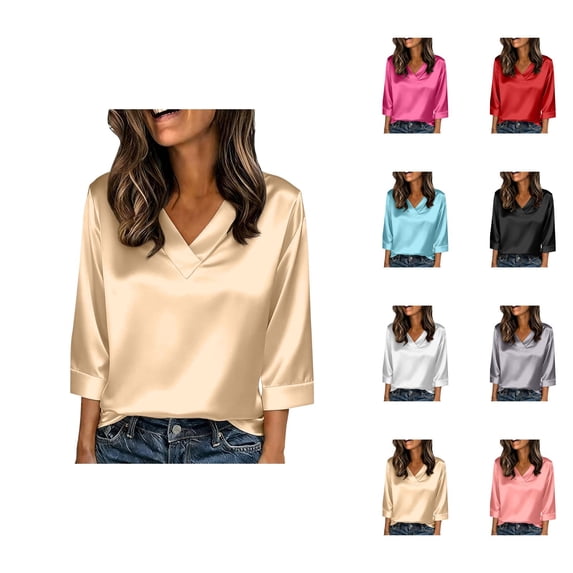 3/4 Length Sleeve Womens Tops Spring Summer Relaxed Fit Satin V Neck Plain T Shirts Dressy Casual Work Shirt Blouse