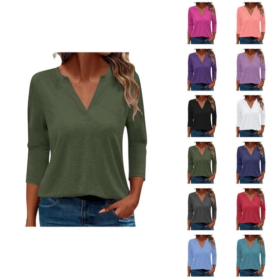 3/4 Length Sleeve Womens Tops Spring Summer V Neck Plain Casual Blouse Office Work Shirts Solid Basic Tee Tops