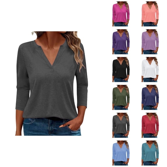 3/4 Length Sleeve Womens Tops Spring Summer V Neck Plain Casual Blouse Office Work Shirts Solid Basic Tee Tops