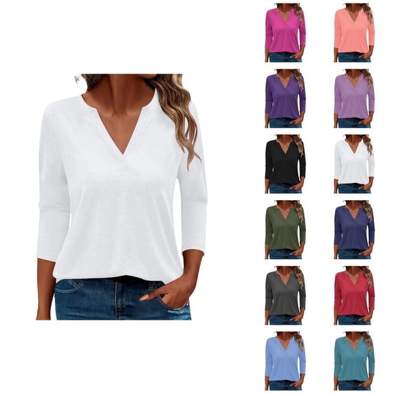 3/4 Length Sleeve Womens Tops Spring Summer V Neck Plain Casual Blouse Office Work Shirts Solid Basic Tee Tops