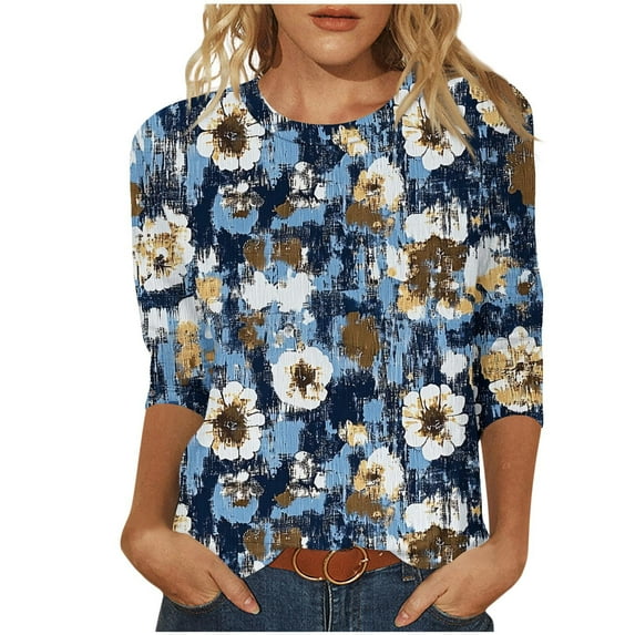 3/4 Length Sleeve Womens Tops Summer 2025 TShirts Floral Print Crew Neck Casual Basic Tee Fit Tunic Tops Blouse