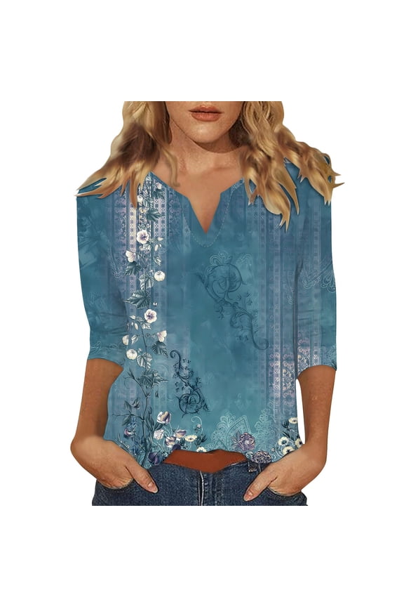 3/4 Length Sleeve Womens Tops Summer Notched Plain Casual Cute V Neck Blouses for Women Dressy Casual