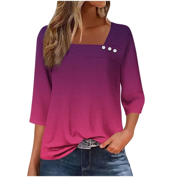 3/4 Length Sleeve Womens Tops Summer Square Neck Shirts Henley Blouses Gradient Colors Loose Soft Dressy Clothes