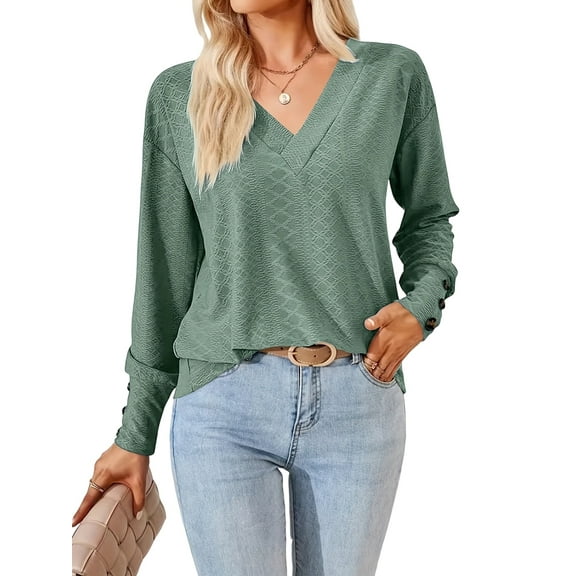 3/4 Length Sleeve Womens Tops Summer Trendy Puff-Sleeve V-Neck Blouses Casual Textured Smocked T-Shirt Army Green 4XL
