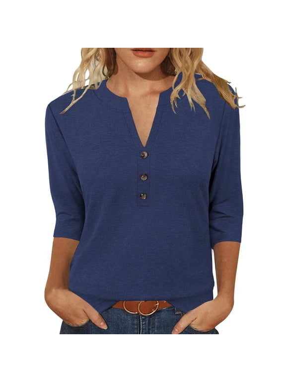 3/4 Length Sleeve Womens Tops Summer V Neck Button 3/4 Sleeve Shirts Womens Casual Solid Cotton Like Loose Fits Lightweight Comfy Short Sleeve T Shirt