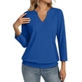 thumbnail image 1 of 3/4 Length Sleeve Womens Tops Summer V Neck Loose Fit Shirts Casual Banded Bottom Blouses Blue 2XL, 1 of 4