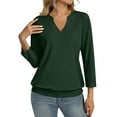 thumbnail image 1 of 3/4 Length Sleeve Womens Tops Summer V Neck Loose Fit Shirts Casual Banded Bottom Blouses Dark Green L, 1 of 4