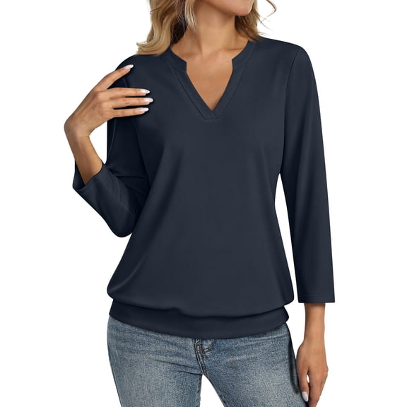 3/4 Length Sleeve Womens Tops Summer V Neck Loose Fit Shirts Casual Banded Bottom Blouses Navy XL