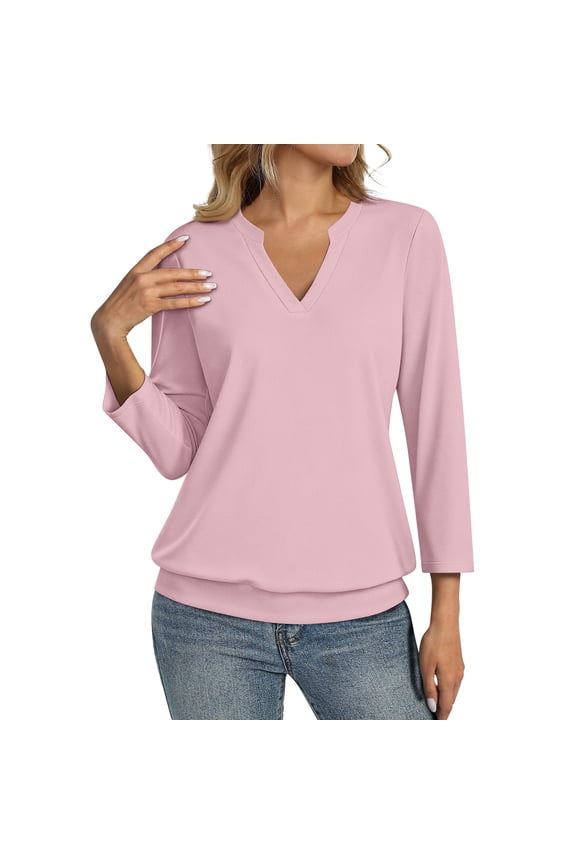 3/4 Length Sleeve Womens Tops Summer V Neck Loose Fit Shirts Casual Banded Bottom Blouses Pink M