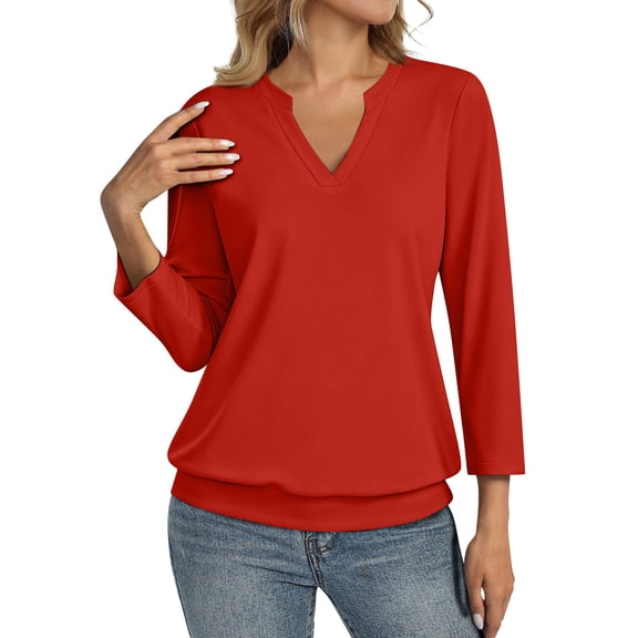 3/4 Length Sleeve Womens Tops Summer V Neck Loose Fit Shirts Casual Banded Bottom Blouses Red XL