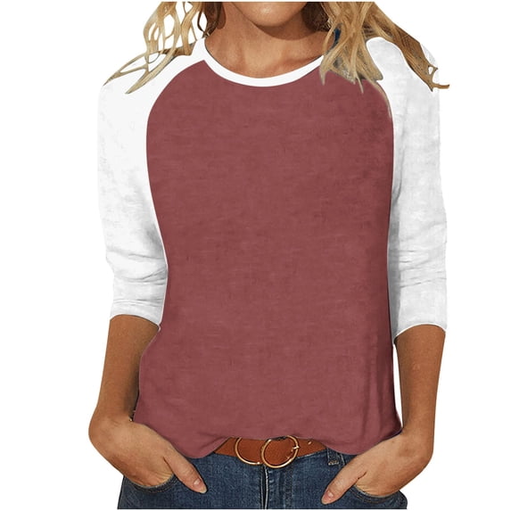 3/4 Length Sleeve Womens Tops Trendy Casual Patchwork Color Block Shirts Crew Neck Blouses Loose Fit Tshirts Fall Winter Ladies Going Out Tops