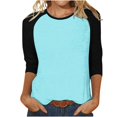 thumbnail image 1 of 3/4 Length Sleeve Womens Tops Trendy Casual Patchwork Color Block Shirts Crew Neck Blouses Loose Fit Tshirts Fall Winter Ladies Going Out Tops, 1 of 5