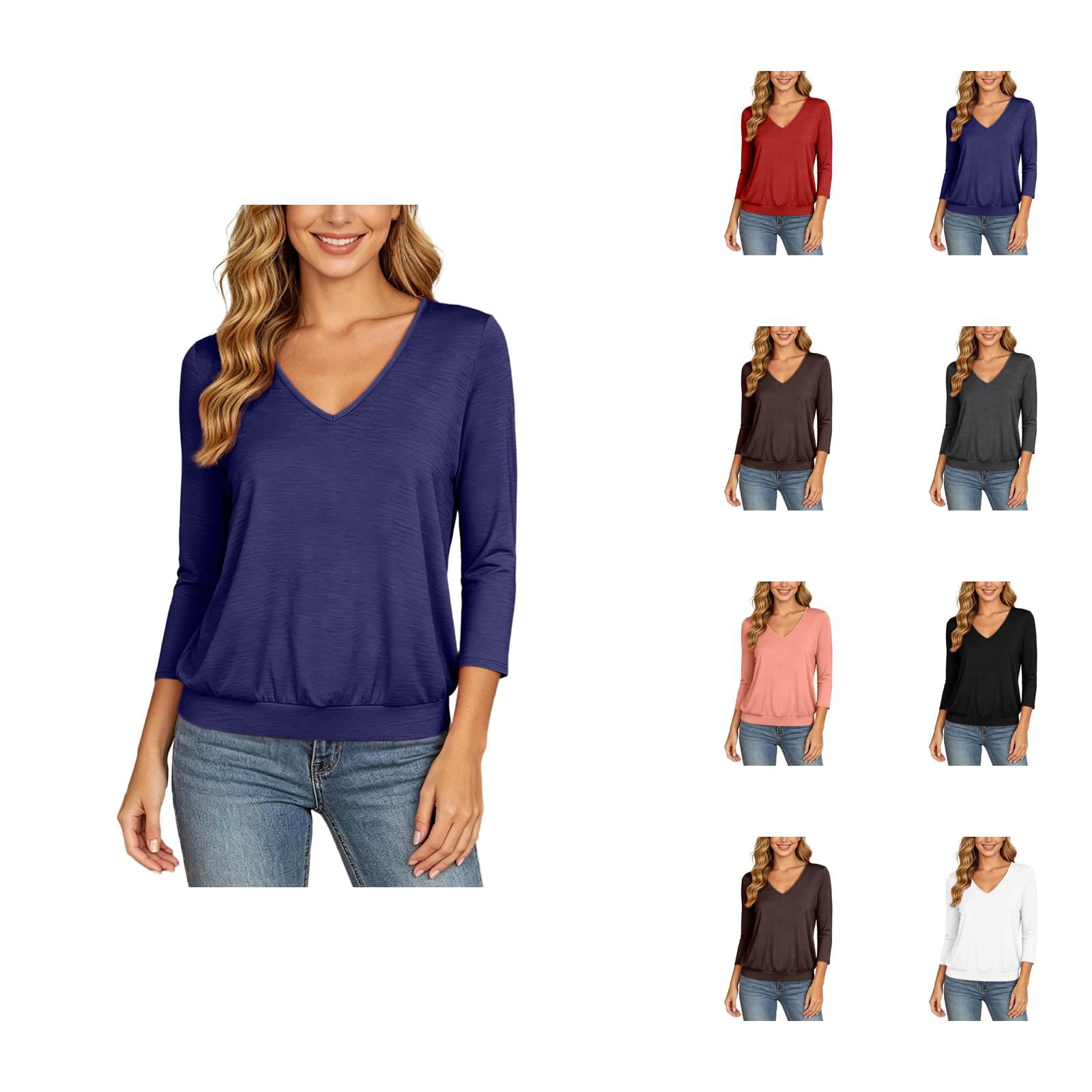 3/4 Length Sleeve Womens Tops V Neck Banded Bottom Blouse Casual Plain ...