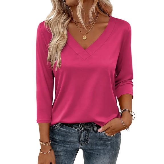 3/4 Length Sleeve Womens Tops V Neck Blouse Banded Bottom Shirts Fashion Tunic 2025 Fall Tees Spring Summer Clothes Hot Pink XL