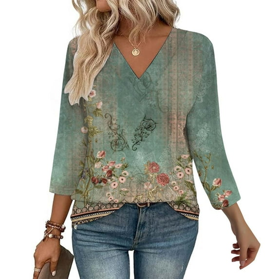 3/4 Length Sleeve Womens Tops V Neck Casual Tunic Tops Basic Shirts Loose Fit Blouse Green XXL