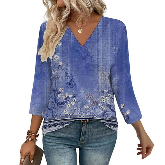 3/4 Length Sleeve Womens Tops V Neck Casual Tunic Tops Basic Shirts Loose Fit Blouse Purple M