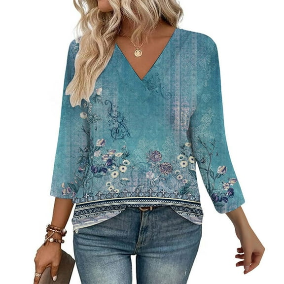 3/4 Length Sleeve Womens Tops V Neck Casual Tunic Tops Basic Shirts Loose Fit Blouse Sky Blue XXL