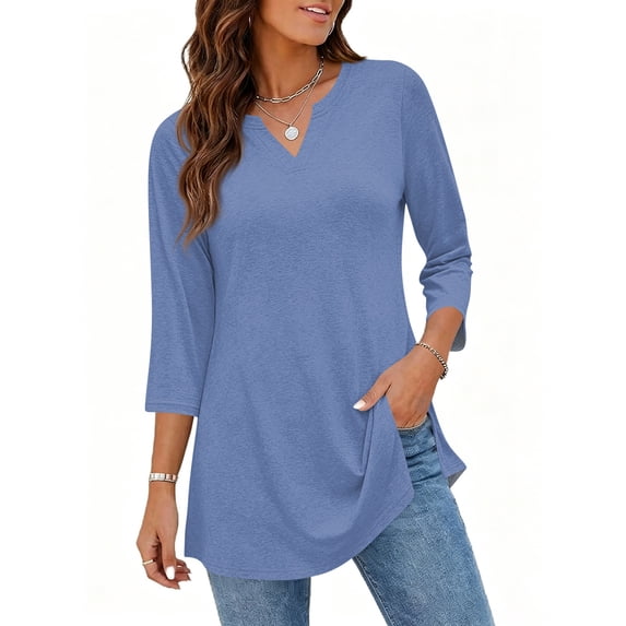 3/4 Length Sleeve Womens Tops V Neck Shirts Dressy Casual Fashion Trendy Curved Hem Shirts 2026