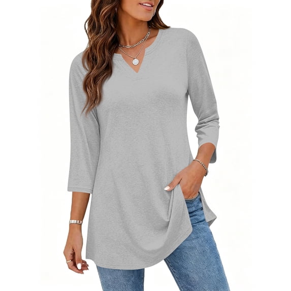 3/4 Length Sleeve Womens Tops V Neck Shirts Dressy Casual Fashion Trendy Curved Hem Shirts 2026
