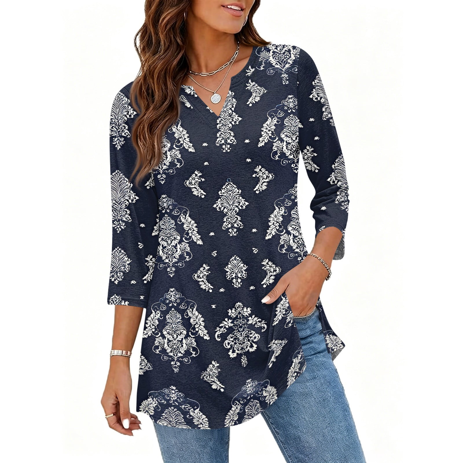 3/4 Length Sleeve Womens Tops V Neck Tunic Shirts Loose Curved Hem ...