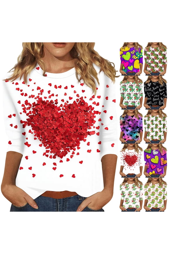 3/4 Length Sleeve Womens Tops Valentines Day Crew Neck Casual T Shirts Summer Floral Heart Print Graphic Tees Red 2XL