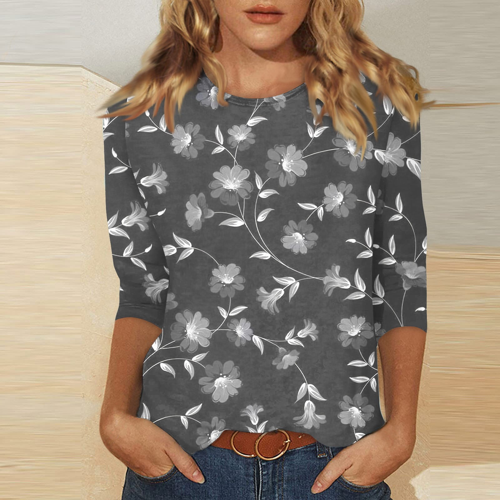 EADINVE Women's Casual 3/4 Sleeve Tunic Top - Loose Fit Round Neck Blouse In Dark Grey, Large
