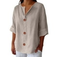 thumbnail image 1 of 3/4 Length Sleeve Womens Tops, Yigetop Linen Shirts for Women Summer Cotton Linen V Neck 3/4 Sleeve Tops Loose Vacation Beach Solid Blouses Tunic Tops Linen Shirt Women Khaki XL, 1 of 8
