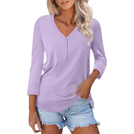 3/4 Length Sleeve Womens Tops, Yigetop Women's Fashion Shirt V Neck 3/4 Sleeve Button Top Casual Floral Print Blouse Ladies Tops Purple XL
