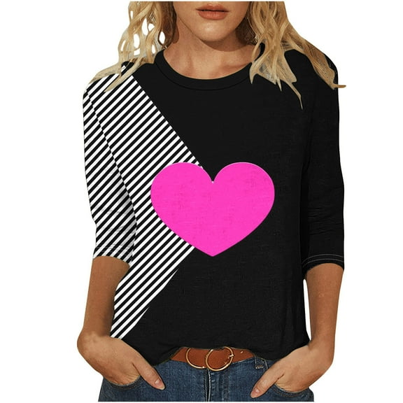 3/4 Length Sleeve Womens Tops for Valentines Day Shirts Cute Tie-Dye Heart Plus Size Basic T-Shirts