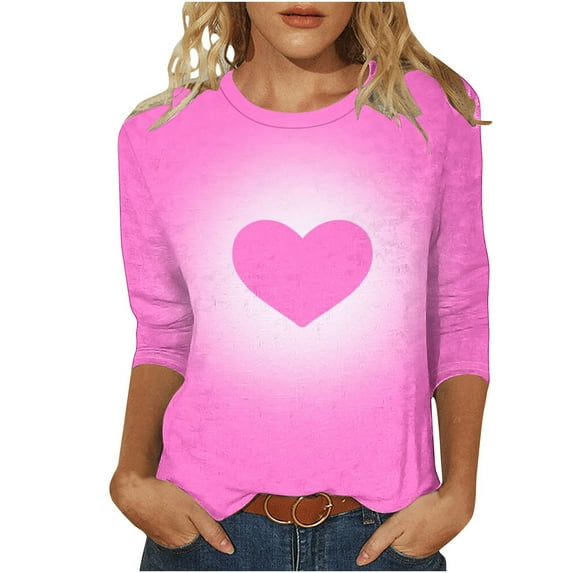3/4 Length Sleeve Womens Tops for Valentines Day Shirts Cute Tie-Dye Heart Plus Size Basic T-Shirts