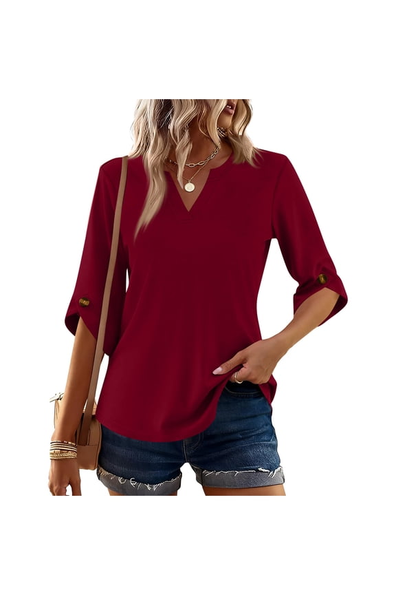 3/4 Length Sleeve Womens Tops with Button Dressy Casual V Neck Summer Fashion Spring Clothes Wine S