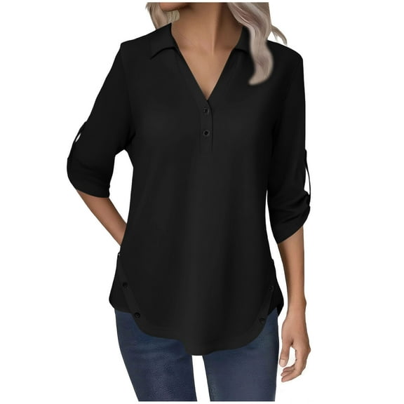 3/4 Length Sleeve for Women Tops Dressy Casual V Neck Henley Blouse Solid Color Fashion Flowy Basic Tee Loose Comfortable Fall Shirts