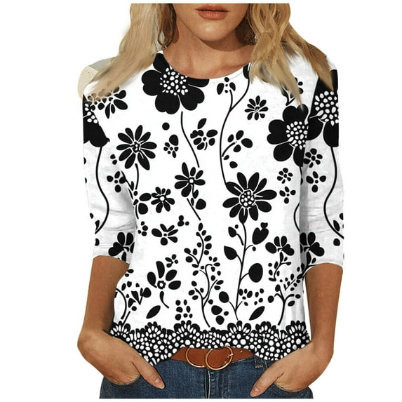 3/4 Length Sleeves Shirts for Women Vintage Floral Print Tunic Tops Casual Round Neck 3/4 Sleeve Blouse Summer Loose Pullover Top Plus Size