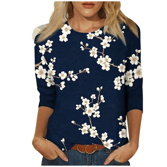 3/4 Length Sleeves Shirts for Women Vintage Floral Print Tunic Tops Casual Round Neck 3/4 Sleeve Blouse Summer Loose Pullover Top Plus Size