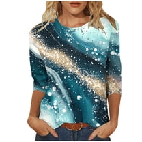 3/4 Length Sleeves Shirts for Womens Fashion Retro Floral Printed Tshirt Round Neck Spring Summer Outfits Casual Loose Tunic Tops